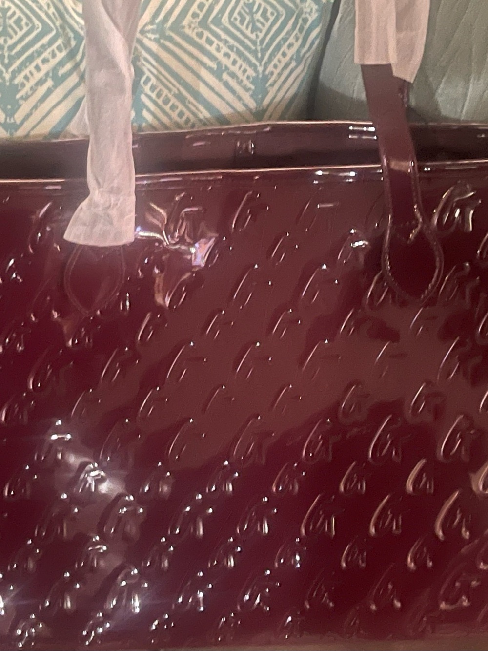 Glossy Embossed Patent Tote in Deep Wine